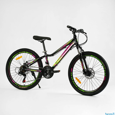 Велосипед Corso «Gravity» 24" дюйми GR-24191 рама алюмінієва 12’’, обладнання Shimano 21 швидкість, чорний з жовтим і малиновим