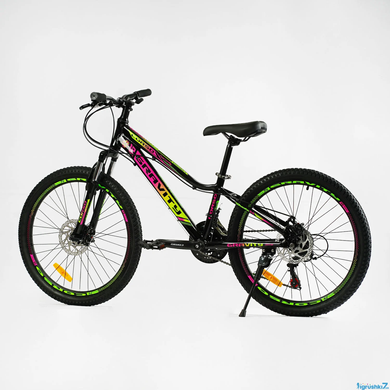 Велосипед Corso «Gravity» 24" дюйма GR-24191 рама алюминиевая 12’’, оборудование Shimano 21 скорость, черный с желтым и малиновым