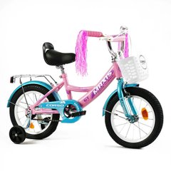 Велосипед Corso Maxis 14", сталь, ножні гальма, з кошиком, рожевий з блакитним