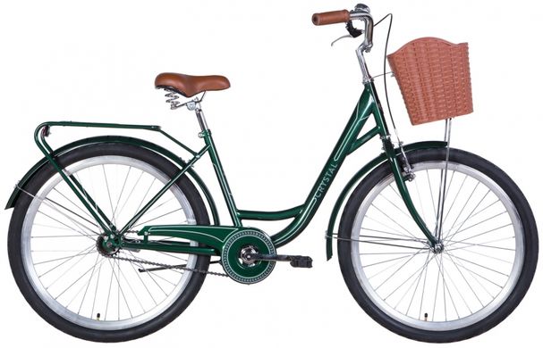 Велосипед 26" Dorozhnik CRYSTAL, рама сталь 17,5" з багажником та корзиною темно-зелений з сірим 2024